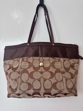 Coach| Brown/Tan Monogram Signature Canvas Tote Bag w/Dark Trim #11692 12.5 x 7”